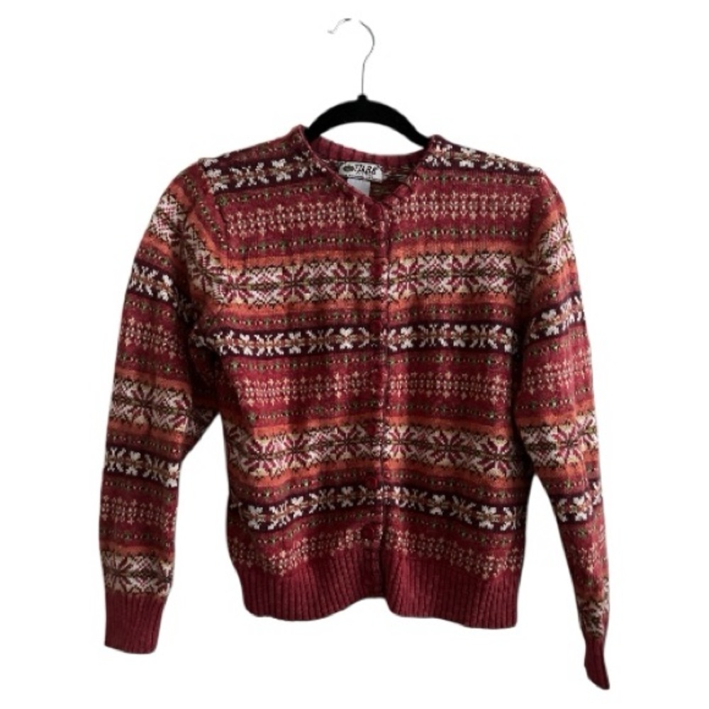 Vintage Tiara Petite Red Fair Isle Cardigan - Cottagecore Christmas Sweater PL